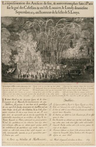 Représentation des artifices de feu, et autres triomphes faits à Paris [...] le lundi 2 septembre 1613 en l'honneur de la fête de Saint Louis