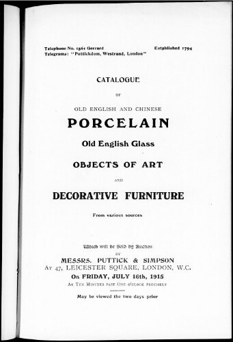 Catalogue of old English and Chinese porcelain […] : [vente du 16 juillet 1915]
