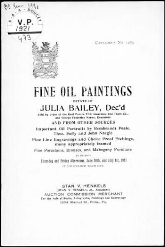 Fine oil paintings, estate of Julia Bailey [...] : [vente des 30 juin et 1er juillet 1921]