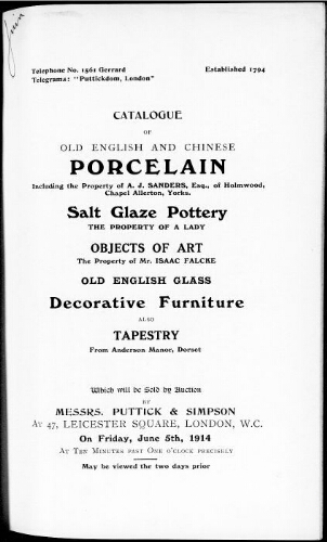 Catalogue of old English and Chinese porcelain […] : [vente du 5 juin 1914]